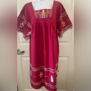 Francis Valentine Embroidered Pink Caftan Midi Dress w People Accents & Pockets